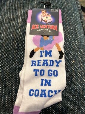 Ace Ventura Men's White & Purple Novelty Socks - "I'm Ready To Go In Coach"